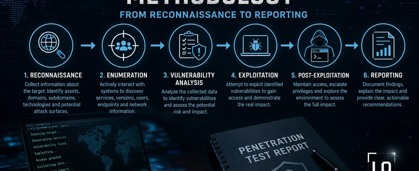 Penetration testing methodology infographic showing reconnaissance enumeration exploitation and reporting phases