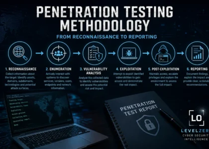 Penetration testing methodology infographic showing reconnaissance enumeration exploitation and reporting phases