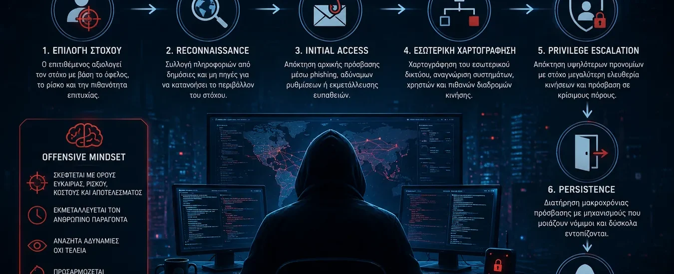 Offensive mindset and cyber attacker methodology illustration