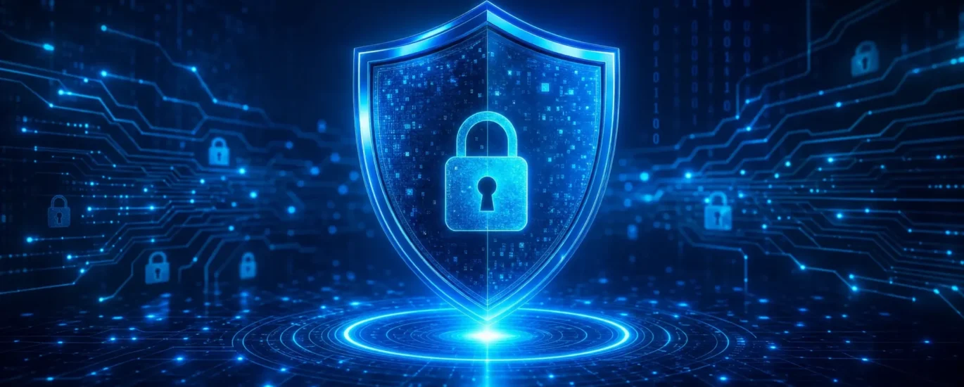 Professional digital shield representing cybersecurity and online protection.