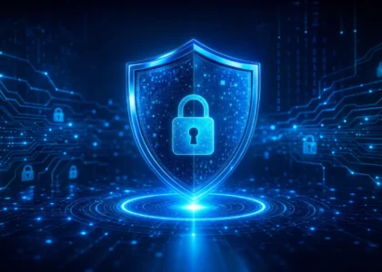 Professional digital shield representing cybersecurity and online protection.
