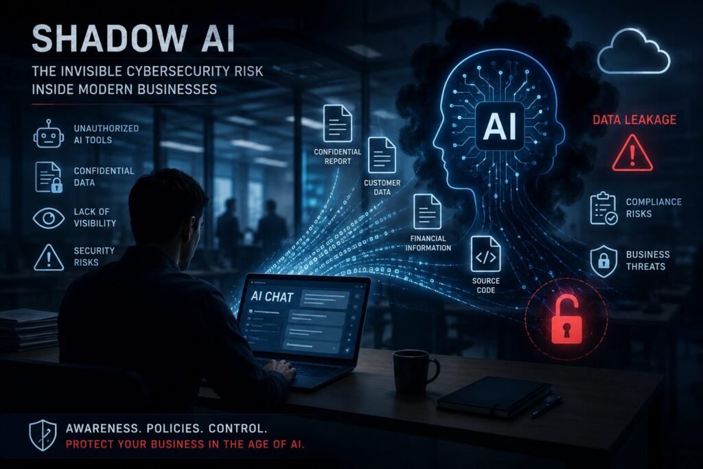 Shadow AI cybersecurity risks involving uncontrolled AI tools, business data leakage, and enterprise security threats