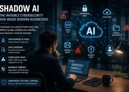Shadow AI cybersecurity risks involving uncontrolled AI tools, business data leakage, and enterprise security threats
