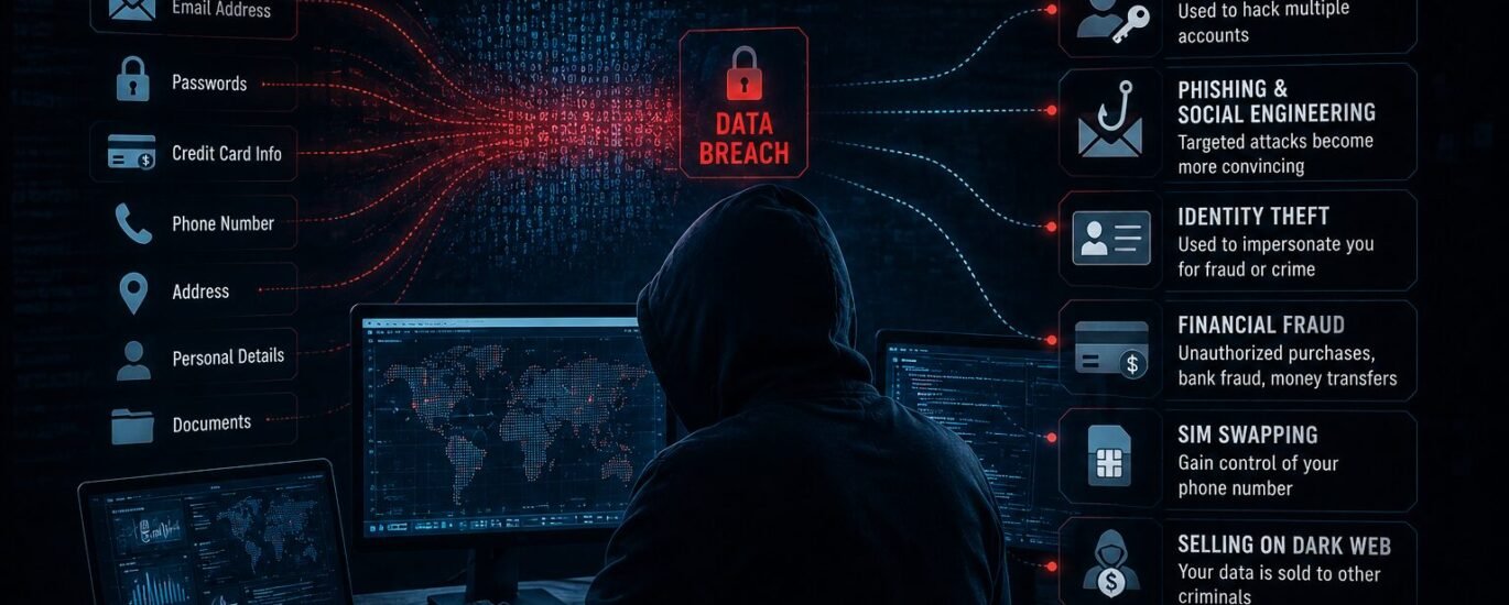 Cybercriminals using stolen data from a data breach for phishing, identity theft, financial fraud, and cyberattacks