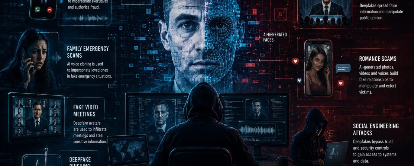 Deepfake Scams concept image showing AI-generated fraud, fake CEO calls, phishing attacks, social engineering, and cybersecurity threats