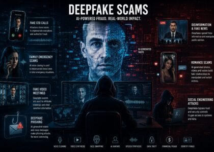 Deepfake Scams concept image showing AI-generated fraud, fake CEO calls, phishing attacks, social engineering, and cybersecurity threats