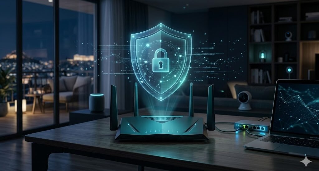 Secure modern home network cybersecurity setup with protected Wi-Fi router and smart devices