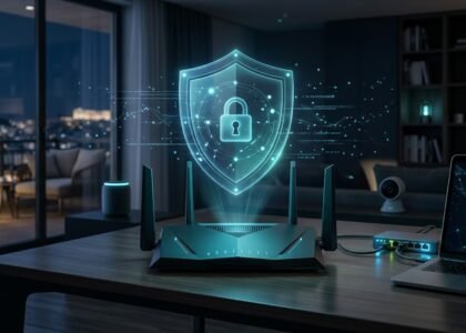 Secure modern home network cybersecurity setup with protected Wi-Fi router and smart devices