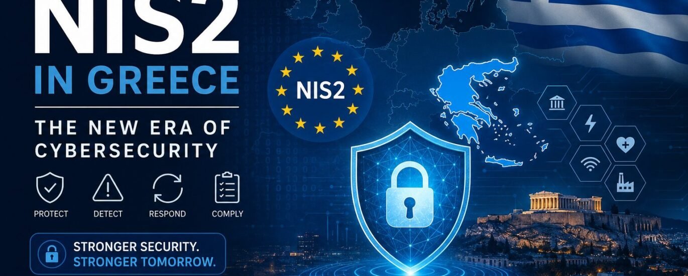 NIS2 cybersecurity directive in Greece featuring digital security elements, European Union symbols, and critical infrastructure sectors.