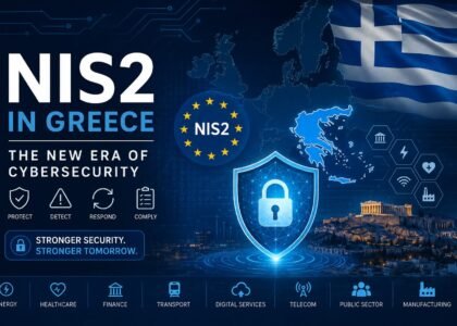 NIS2 cybersecurity directive in Greece featuring digital security elements, European Union symbols, and critical infrastructure sectors.