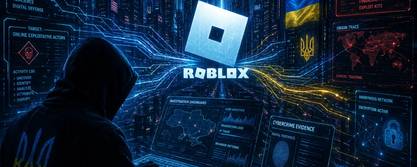 Cybersecurity illustration about a Roblox hacking operation involving session cookie theft, malware distribution and account compromise.