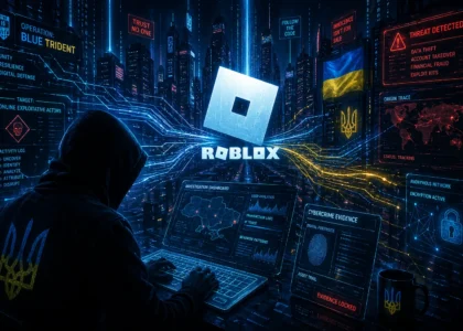 Cybersecurity illustration about a Roblox hacking operation involving session cookie theft, malware distribution and account compromise.