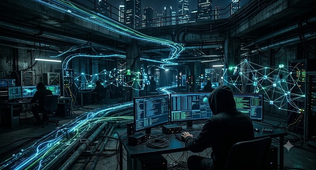 Dark Web visualization showing anonymous networks, cybersecurity risks, digital privacy, and hidden internet activity