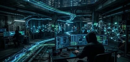 Dark Web visualization showing anonymous networks, cybersecurity risks, digital privacy, and hidden internet activity