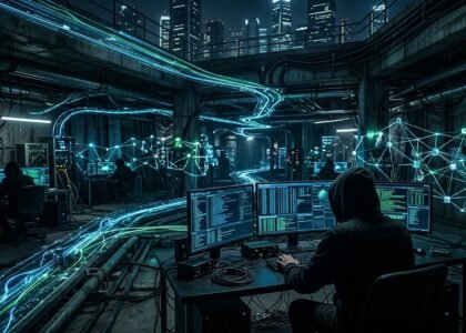 Dark Web visualization showing anonymous networks, cybersecurity risks, digital privacy, and hidden internet activity