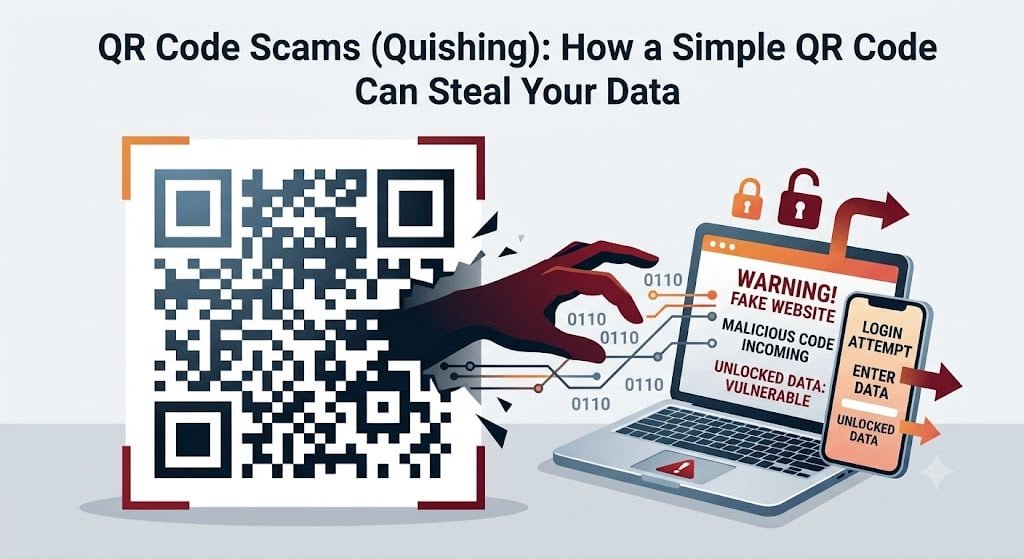QR Code Scams (Quishing) cybersecurity guide showing a smartphone scanning a fake QR code linked to phishing, data theft and malware threats