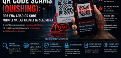 QR Code Scams (Quishing) cybersecurity guide showing a smartphone scanning a fake QR code linked to phishing, data theft and malware threats