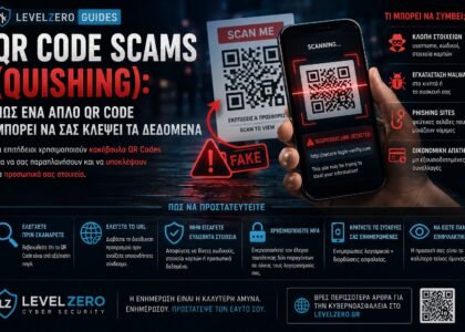 QR Code Scams (Quishing) cybersecurity guide showing a smartphone scanning a fake QR code linked to phishing, data theft and malware threats