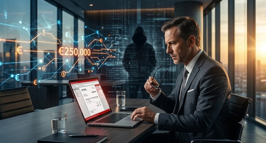 Business Email Compromise attack illustrating how cybercriminals stole €250,000 using a fraudulent business email.
