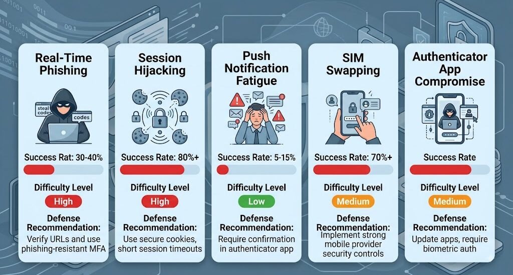 Diagram showing the step-by-step process of an MFA bypass attack through real-time credential phishing and session hijacking techniques
