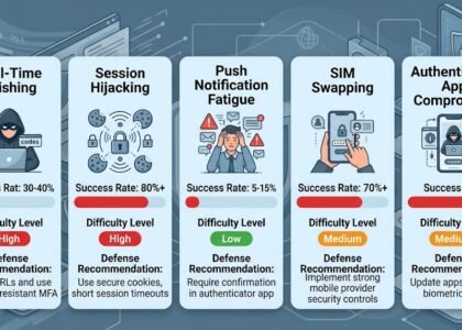 Diagram showing the step-by-step process of an MFA bypass attack through real-time credential phishing and session hijacking techniques