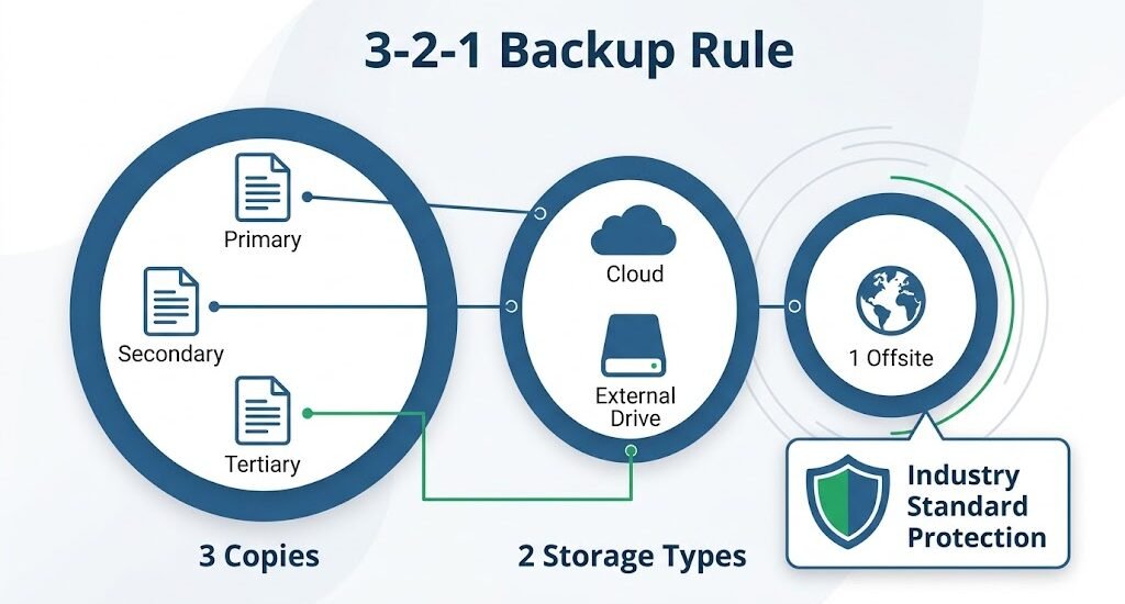 Backup & Disaster Recovery Infographic showing the 3-2-1 backup rule: 3 copies, 2 storage types, 1 offsite