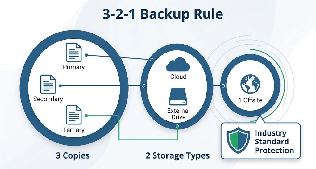 Backup & Disaster Recovery Infographic showing the 3-2-1 backup rule: 3 copies, 2 storage types, 1 offsite