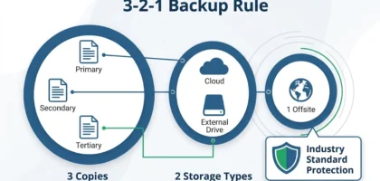 Backup & Disaster Recovery Infographic showing the 3-2-1 backup rule: 3 copies, 2 storage types, 1 offsite