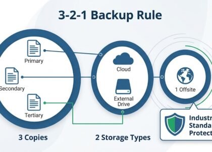 Backup & Disaster Recovery Infographic showing the 3-2-1 backup rule: 3 copies, 2 storage types, 1 offsite