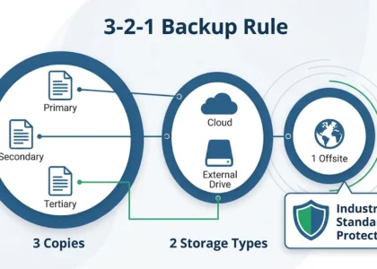 Backup & Disaster Recovery Infographic showing the 3-2-1 backup rule: 3 copies, 2 storage types, 1 offsite