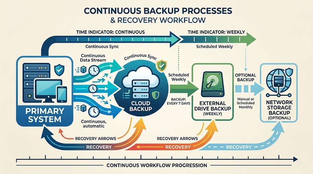 Diagram showing continuous backup workflow with cloud backup, external drives, and recovery procedures