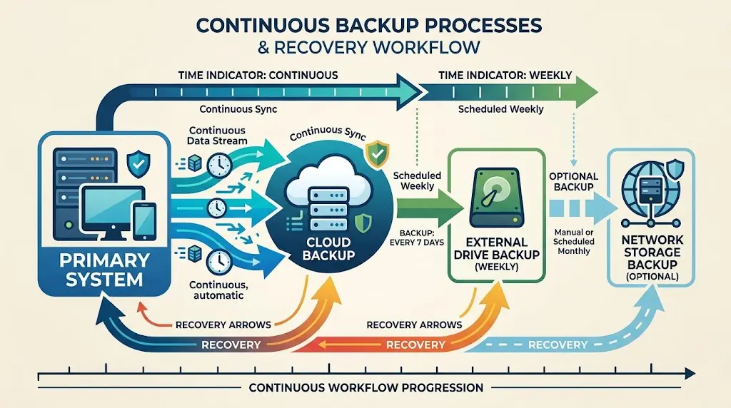 Diagram showing continuous backup workflow with cloud backup, external drives, and recovery procedures