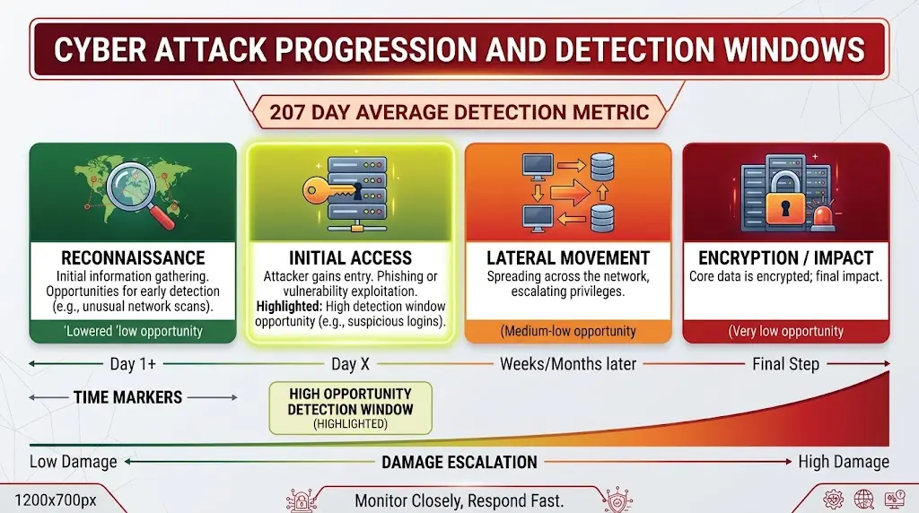 Timeline showing cyber attack progression and detection opportunities