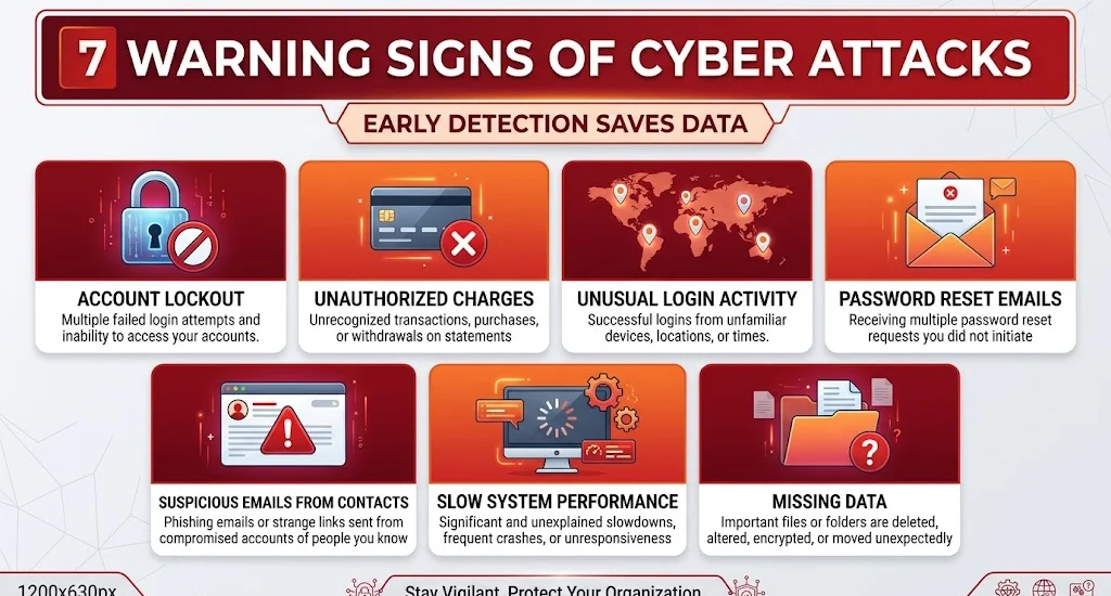 Infographic showing 7 warning signs of cyber attacks