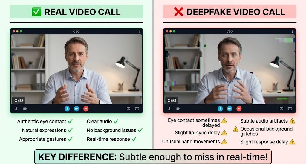 Comparison showing how deepfake video calls mimic real video calls and the subtle differences to detect deepfakes