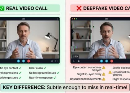 Comparison showing how deepfake video calls mimic real video calls and the subtle differences to detect deepfakes