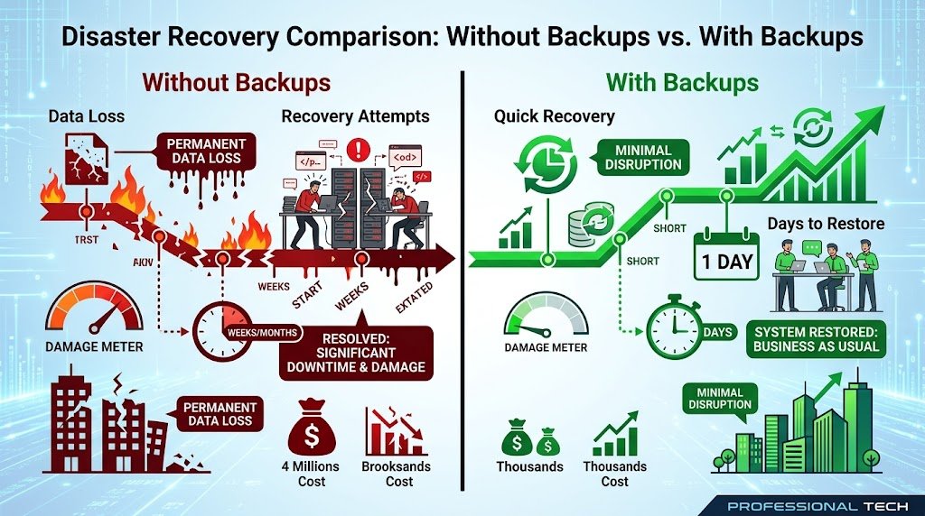 Timeline showing recovery time with and without backups during ransomware incident