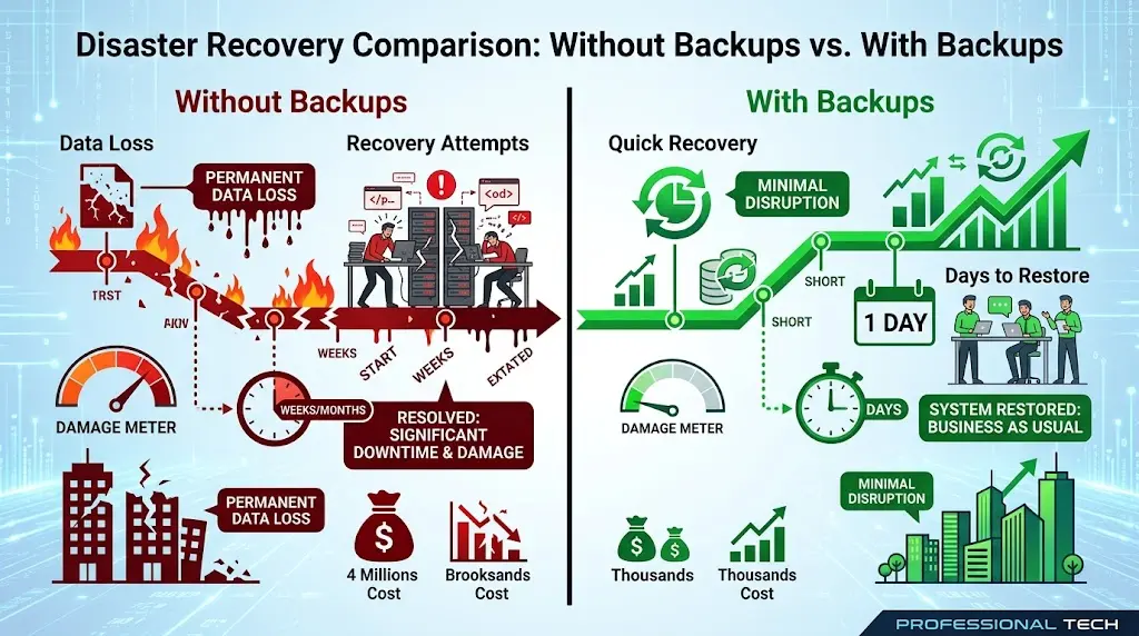 Timeline showing recovery time with and without backups during ransomware incident