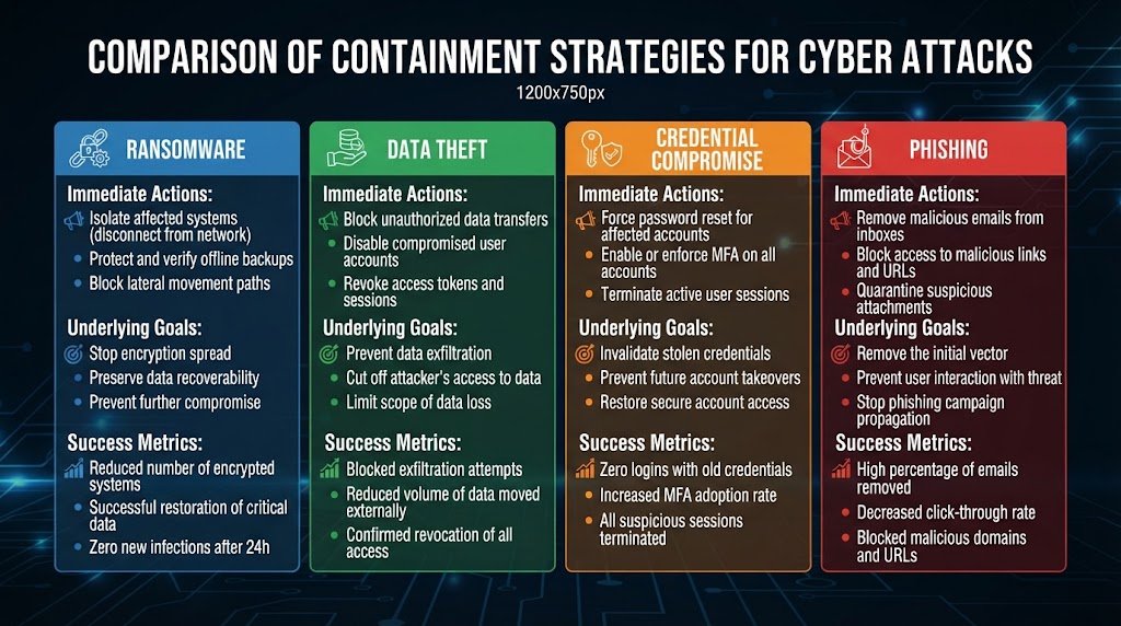 Comparison chart showing different containment strategies for ransomware, data theft, credential compromise, phishing