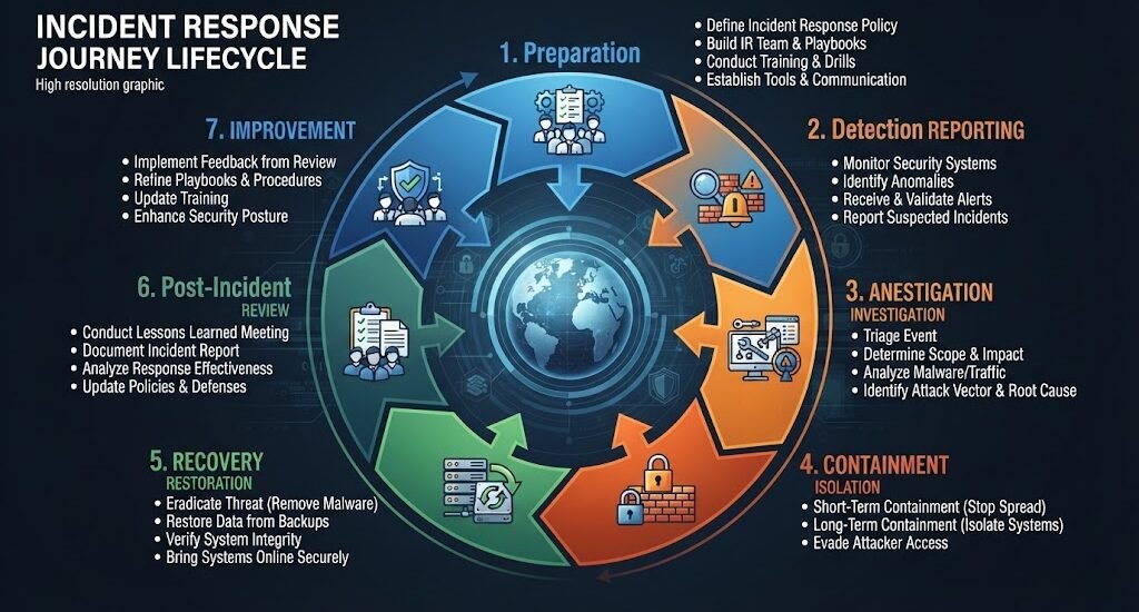 Incident response Circular diagram showing seven stages of incident response: preparation, detection, analysis, containment, recovery, post-incident review