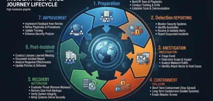 Incident response Circular diagram showing seven stages of incident response: preparation, detection, analysis, containment, recovery, post-incident review