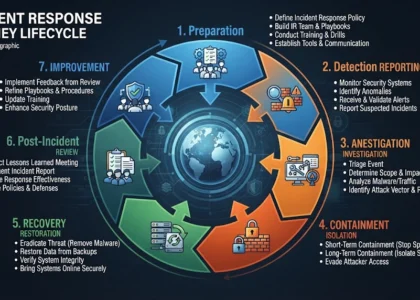 Incident response Circular diagram showing seven stages of incident response: preparation, detection, analysis, containment, recovery, post-incident review
