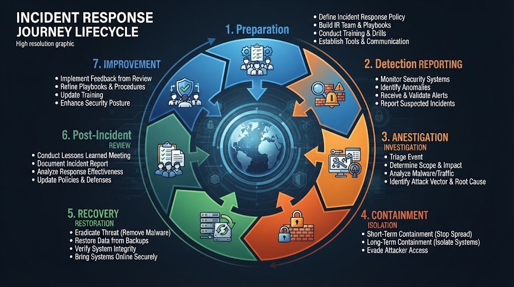 Circular diagram showing seven stages of incident response: preparation, detection, analysis, containment, recovery, post-incident review