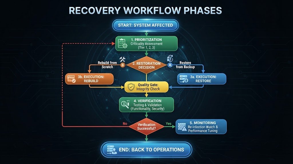 Flowchart showing recovery phases: system prioritization, backup restoration, rebuild decisions, verification, monitoring