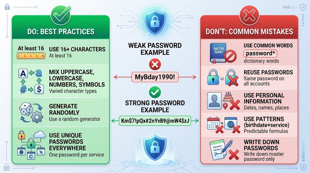Infographic showing password creation guidelines: length, complexity, uniqueness, no patterns