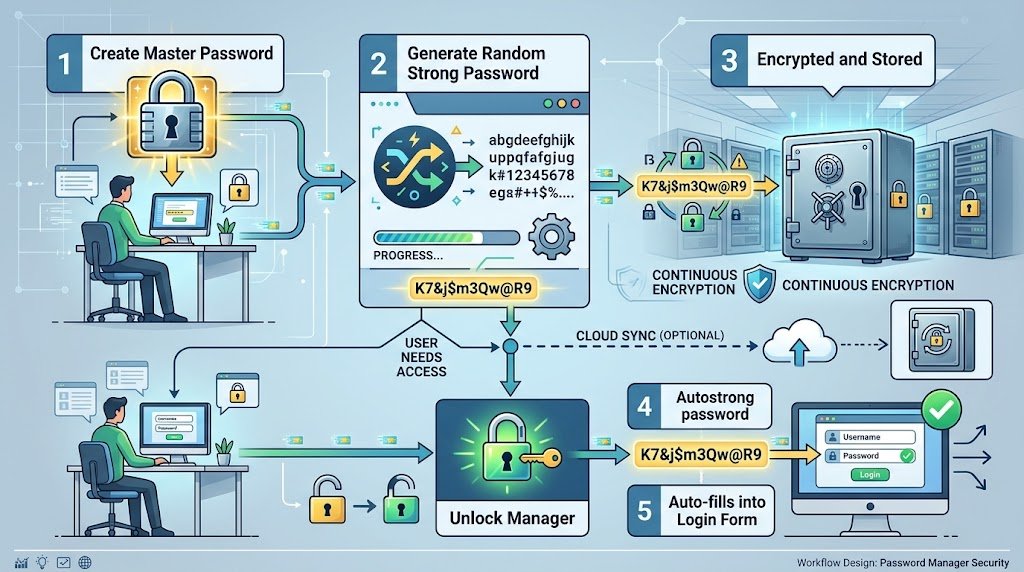 Flowchart showing how password managers generate, store, and use passwords securely