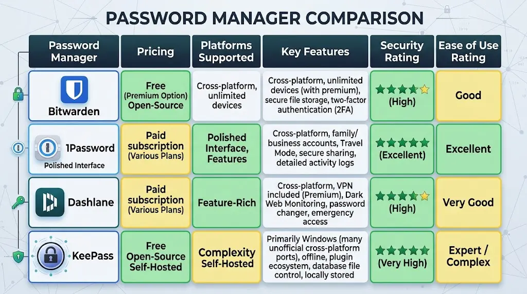 Comparison chart of Bitwarden, 1Password, Dashlane, KeePass showing features and pricing