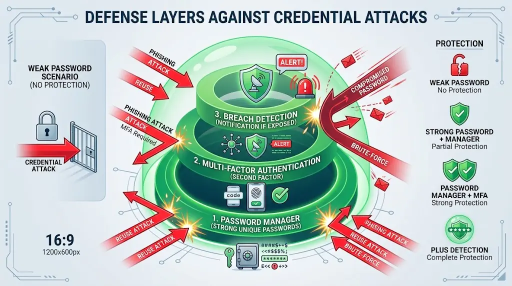 Diagram showing how password managers and MFA protect against credential compromise attacks