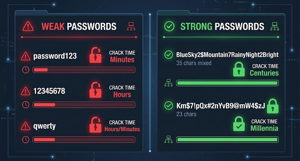 Comparison showing weak vs strong passwords and time to crack each one
