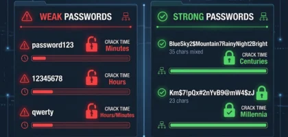 Comparison showing weak vs strong passwords and time to crack each one